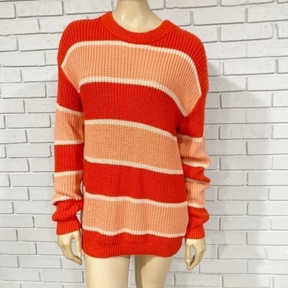 Saks Wythe NY Wide Striped Orange Coral Crew Neck Chunky Cozy Sweater Sz Medium - Picture 10 of 10